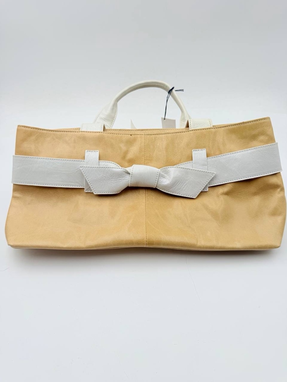 NWT Roberta Gandolfi Italian Leather Tote Handbag Bow Tan White Made Italy